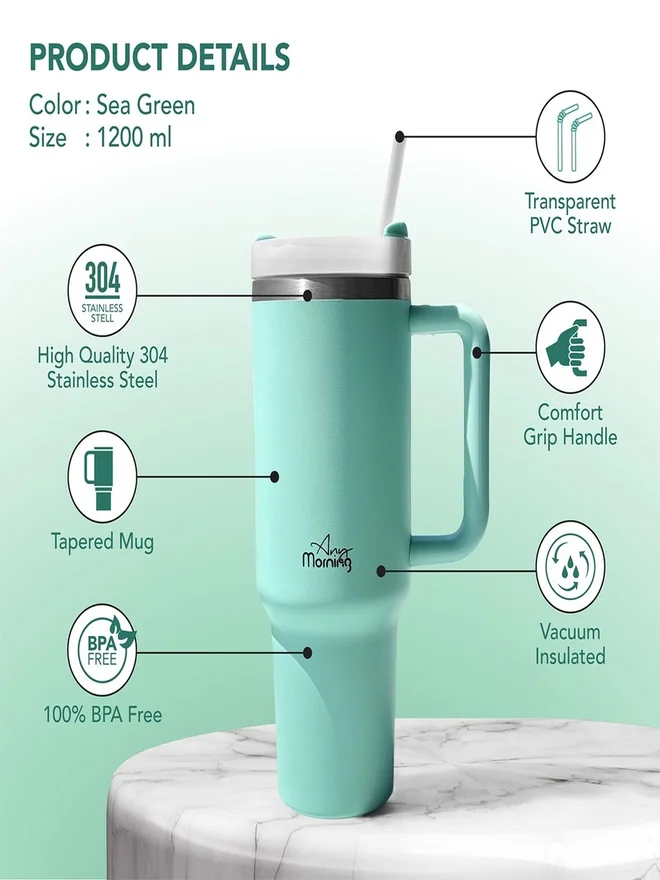 Any Morning Any Morning Stainless Steel Thermos Mug with Handle, 1200ml Green